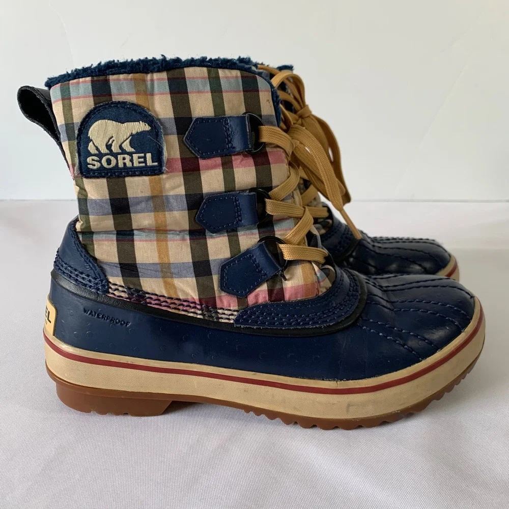 Sorel Winter Duck Boots Womens 6 Navy Blue Plaid Waterproof Insulated Gorpcore